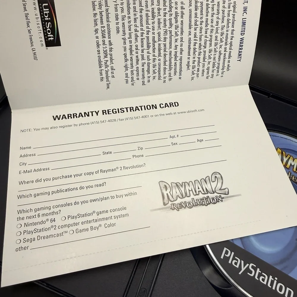 Rayman 2 Revolution PS2 Playstation 2 Black Label CIB Manual Registration Card